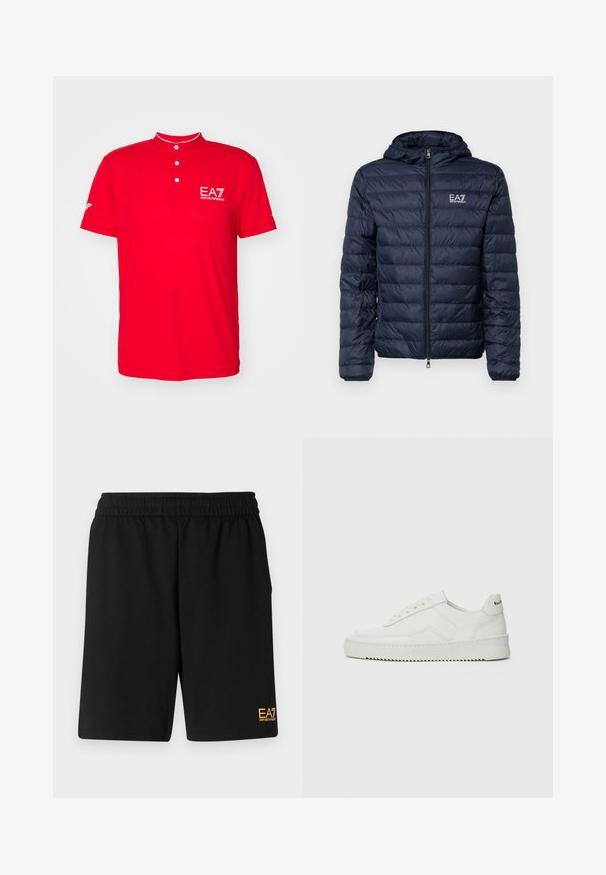 Casaco puffer azul-marinho com capuz, apresentando secções acolchoadas horizontais, fecho éclair frontal e a marca EA7 na área do lado esquerdo do peito.; Camisa polo vermelha com colarinho curto e rígido, placket de três botões e logótipo EA7 no peito. Feita de um tecido liso e leve.; Calções desportivos pretos feitos de um tecido suave, com um cós elástico e um pequeno logótipo amarelo EA7 na parte inferior da perna esquerda.; Sapatilha de couro branco com acabamento suave, bico redondo, atacadores planos e uma sola texturizada. Apresenta um logotipo discreto no calcanhar.