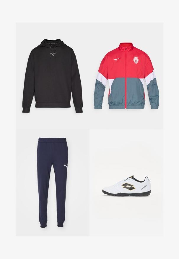 Červenošedá větruodolná bunda s předním zipem, pružnými manžetami a lemem. Obsahuje logo na hrudi a barevně členěný design.; Černá mikina s kapucí vyrobená z měkké tkaniny, s přední kapsou ve stylu klokan a bílým textem loga na hrudi. Manžety jsou žebrované.; Námořnické modré tepláky s elastickým pasem, zúženými nohavicemi a bílým logem Puma na levém stehně. Hladký, měkký textilní povrch.; Bílé sportovní boty s černými a žlutými akcenty, s texturovaným svrškem, kulatou špičkou a černou gumovou podrážkou. Design zahrnuje detail loga na boku.
