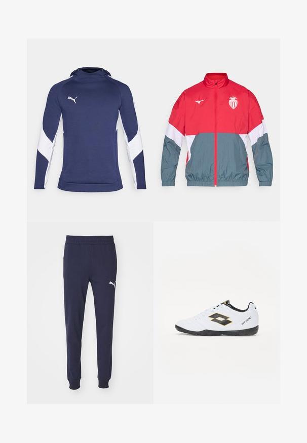 Raudona ir pilka vėjui atspari striukė su priekiniais užtrauktukais, elastingomis rankogaliais ir apačia. Puošia logotipas ant krūtinės ir spalvų blokavimo dizainas.; Tamsiai mėlynas sportinis hoodie su baltais šonais, turintis aukštą apykaklę ir raištelį. Logotipas baltos spalvos kairėje krūtinės pusėje.; Tamsiai mėlynos sportinės kelnės su elastingu juosmeniu, siaurėjantys kojos, ir baltu Puma logotipu kairėje šlaunyje. Sklandžiai, švelniai audinio tekstūra.; Baltos sportinės bateliai su juodais ir geltonais akcentais, turintys tekstūruotą viršutinę dalį, apvalią nosį ir juodą guminius padus. Dizainas apima logotipo detalę šone.