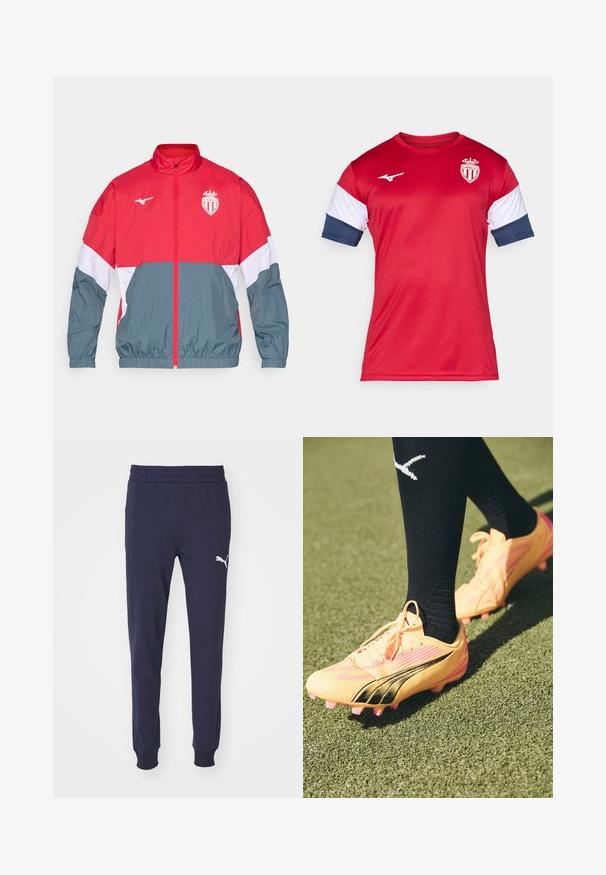 Giacca a vento rossa e grigia con zip frontale, polsini ed orlo elasticizzati. Presenta un logo sul petto e un design color-block.; Maglietta sportiva rossa a maniche corte, con accenti bianchi e blu navy. Logo sul petto, texture liscia, realizzata in materiale sintetico.; Pantaloni della tuta blu navy con elastico in vita, gambe affusolate e logo Puma bianco sul coscio sinistro. Tessuto liscio e morbido.; Scarpini da calcio giallo brillante con accenti neri e tacchetti rosa, caratterizzati da un design elegante e una superficie testurizzata. Indossati con calze nere fino al ginocchio.