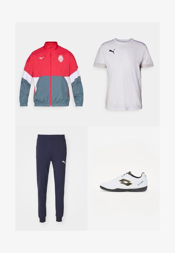 Sarkans un pelēks vējjakas mētelis ar priekšējo rāvējslēdzēju, elastīgu aproci un apakšu. Tam ir logo uz krūtīm un krāsu blokos veidots dizains.; Balta īsām piedurknēm sporta krekls ar apaļu kakla izgriezumu, ar elpojošiem acs akcentiem sānos un melnu Puma logotipu krūtīs.; Tums ziloņu sporta bikses ar elastīgu jostu, sašaurinātiem svārkiem un baltu Puma logotipu kreisajā augšstilbā. Gluda, maiga auduma tekstūra.; Baltas sporta apavus ar melniem un dzelteniem akcentiem, ar teksturētu virsmu, apaļu purngalu un melnu gumijas zoli. Dizainā ir iekļauts logo elements sānos.