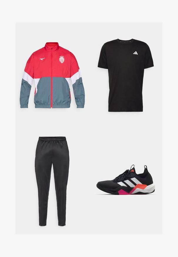 Crvena i siva jakna s kapuljačom, s prednjim patentnim zatvaračem, elastičnim manžetama i rubom. Ima logo na prsima i dizajn u blokovima boja.; Crna pamučna majica s kratkim rukavima, okruglim izrezom i bijelim logotipom na lijevoj strani prsnog koša. Glatka tekstura i jednostavan dizajn.; Crne sportske hlače izrađene od glatkog, laganog materijala. Imaju elastičnu traku u struku i uski kroj s džepovima na patentni zatvarač.; Crne atletske tenisice s bijelim prugama, teksturiranim gornjim dijelom i debelim potplatom s narančastim, ružičastim i bijelim detaljima. Dizajn s vezicama i trakom za povlačenje.