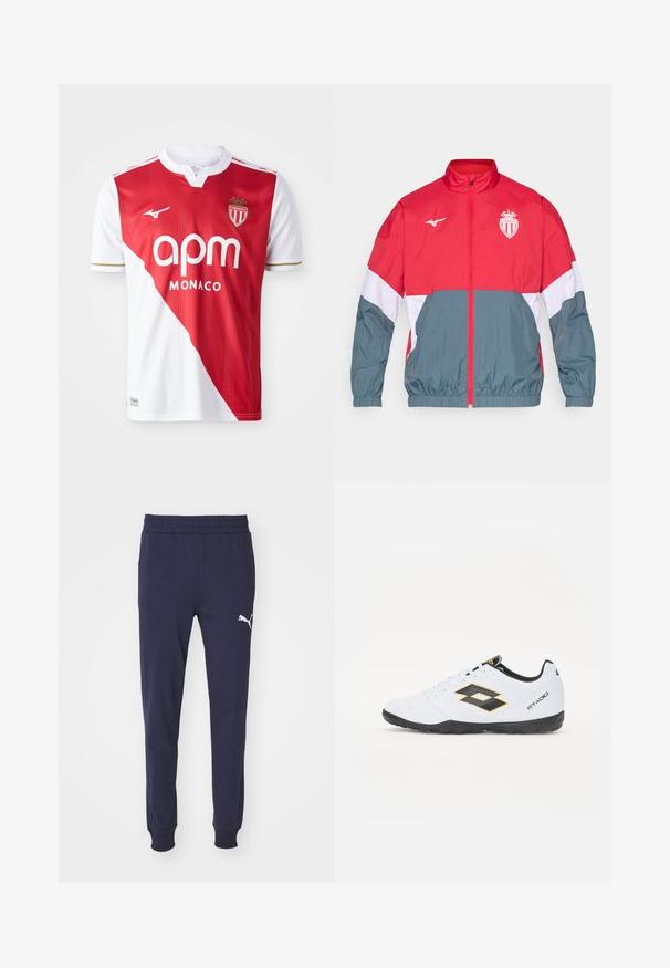 Rød og grå vindtett jakke med frontglidelås, elastiske mansjetter og nederkant. Har logo på brystet og fargeblokkert design.; Rød og hvit fotballtrøye med kort erme, som har en skrå fargeblokk, gull detaljer, merkevarelogo og merke. Lett og pustende stoff.; Mørkeblå joggebukser med elastisk midje, smalnede ben og hvit Puma-logo på venstre lår. Glatt, myk tekstur.; Hvite sportsko med svarte og gule detaljer, med en teksturert overflate, rund tå og en svart gummisåle. Designet inkluderer et logodetalj på siden.