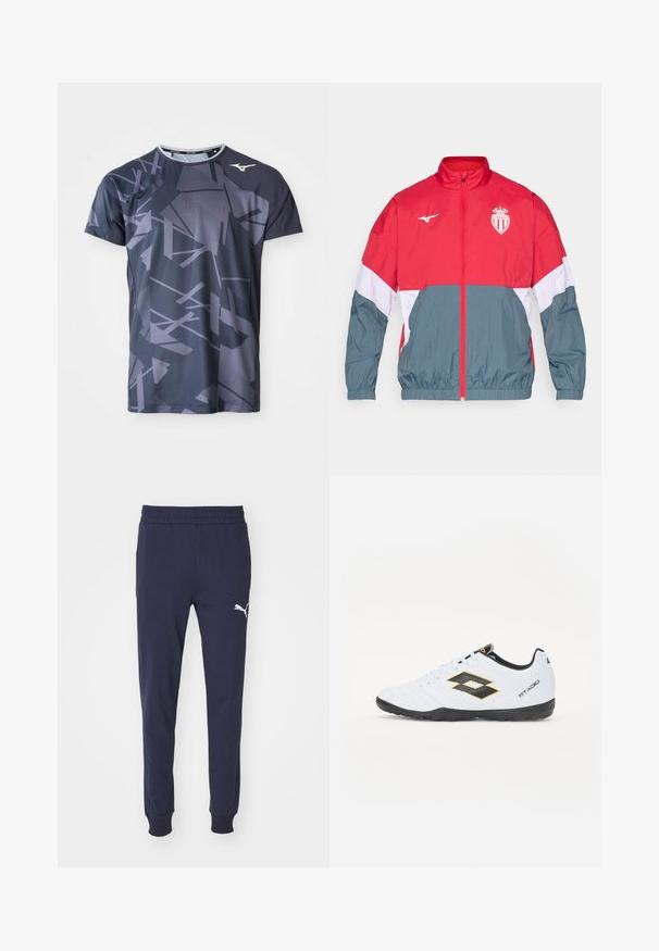 Rød og grå vindjakke med frontlynlås, elastiske manchetter og kant. Har et logo på brystet og farveblokeret design.; Sport t-shirt lavet af letvægtsstof, med en mørkegrå bund og abstrakte lysegrå geometriske mønstre samt design med rund hals.; Mørkeblå sweatpants med elastisk talje, indsnørede ben og hvid Puma-logo accent på venstre lår. Glat, blød stofstruktur.; Hvide sportsko med sorte og gule accenter, med en tekstureret overdel, rund tå og en sort gummisål. Designet inkluderer et logo-detalje på siden.