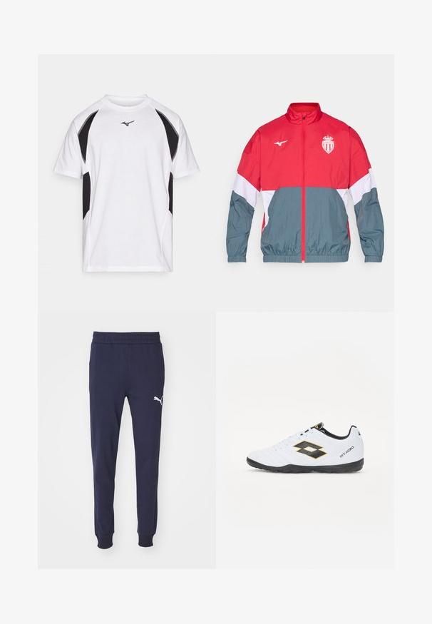 Raudona ir pilka vėjui atspari striukė su priekiniais užtrauktukais, elastingomis rankogaliais ir apačia. Puošia logotipas ant krūtinės ir spalvų blokavimo dizainas.; Balta marškinėliai pagaminti iš lengvos medžiagos, su juodais šonų plyšiais ir kontrastingomis siūlėmis. Apima mažą logotipą ant krūtinės.; Tamsiai mėlynos sportinės kelnės su elastingu juosmeniu, siaurėjantys kojos, ir baltu Puma logotipu kairėje šlaunyje. Sklandžiai, švelniai audinio tekstūra.; Baltos sportinės bateliai su juodais ir geltonais akcentais, turintys tekstūruotą viršutinę dalį, apvalią nosį ir juodą guminius padus. Dizainas apima logotipo detalę šone.