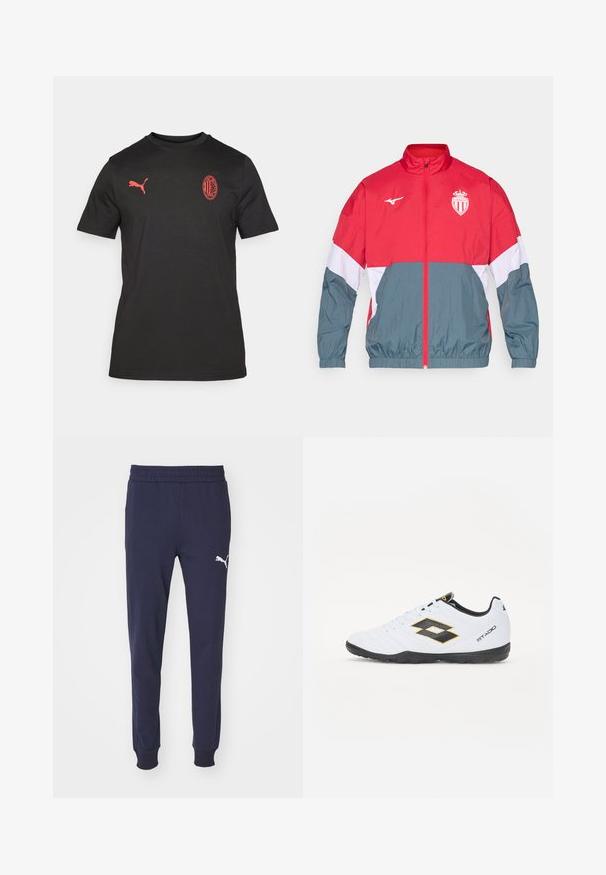 Rode en grijze windjack met een rits aan de voorkant, elastische manchetten en een elastische zoom. Bevat een logo op de borst en een kleurenschema.; Zwarte T-shirt met korte mouwen, gemaakt van zacht materiaal. Heeft een rood Puma-logo op de linkerkant van de borst en een rood geborduurd clubembleem op de voorkant.; Marineblauwe joggingbroek met een elastische tailleband, taps toelopende pijpen en een witte Puma-logo-accent op de linker dij. Vloeiende, zachte stoftextuur.; Witte sportschoenen met zwarte en gele accenten, met een gestructureerde bovenkant, ronde neus en een zwarte rubberen zool. Het ontwerp bevat een logo-detail aan de zijkant.
