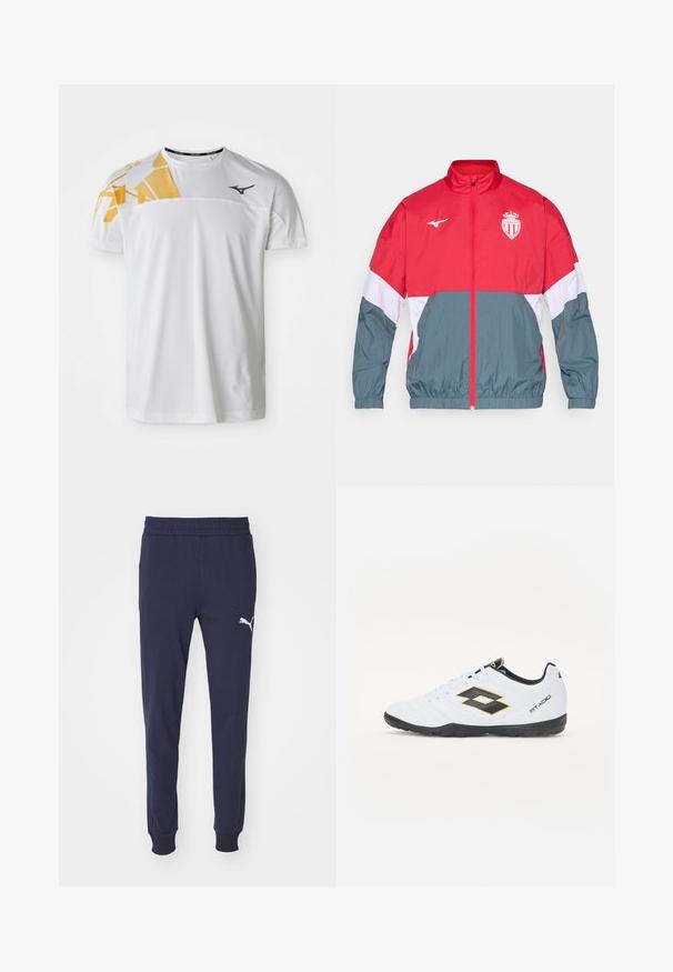 Röd och grå vindjacka med dragkedja fram, elastiska ärmslut och nederkant. Har en logotyp på bröstet och en färgblockerad design.; Vit idrottströja med en geometrisk gul design på ena axeln, slät textur, rund halsringning och logotyp i mörkgrå.; Marinblå svettbyxor med elastisk midja, smalnande ben och vitt Puma-logotypdetalj på vänster lår. Slät, mjuk tygtextur.; Vita sportskor med svarta och gula accenter, med en texturerad ovandel, rund tå och en svart gummisål. Designen inkluderar en logotypdetalj på sidan.