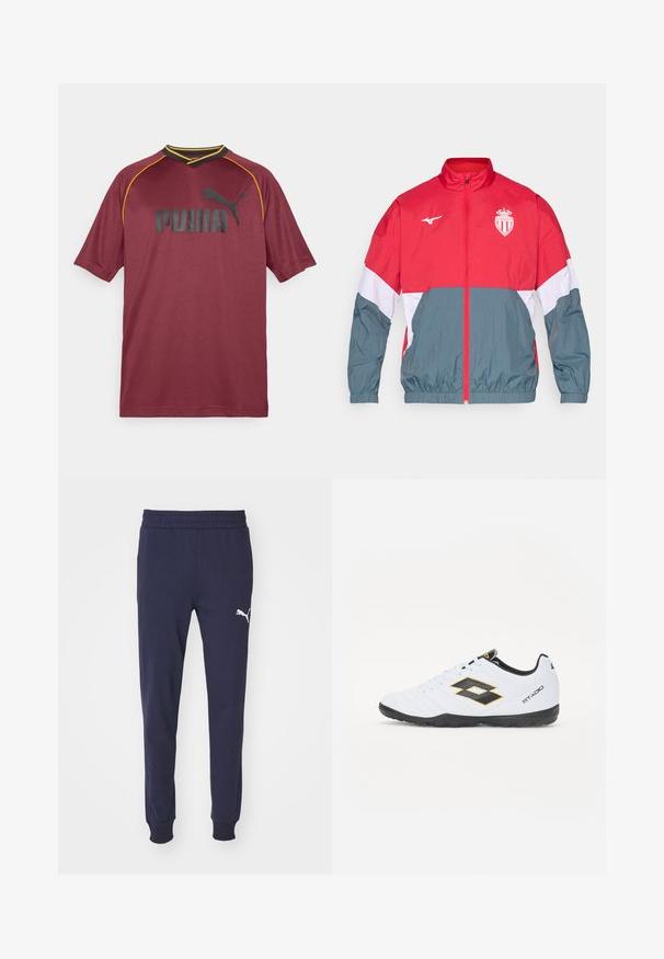 Rot und grau winddicht Jacke mit einem frontseitigen Reißverschluss, elastischen Bündchen und Saum. Mit einem Logo auf der Brust und einem mehrfarbigen Design.; Maroon Sporttrikot aus atmungsaktivem Material, mit kurzen Ärmeln, V-Ausschnitt, schwarzem Puma-Logo und gelben Akzenten entlang des Ausschnitts.; Marineblaue Sweatpants mit einem elastischen Bund, schmal zulaufenden Beinen und einem weißen Puma-Logo-Akzent am linken Oberschenkel. Glatte, weiche Stoffoberfläche.; Weiße Sportschuhe mit schwarzen und gelben Akzenten, ausgestattet mit einem strukturierten Obermaterial, runder Schuhspitze und einer schwarzen Gummisohle. Das Design beinhaltet ein Logodetail an der Seite.