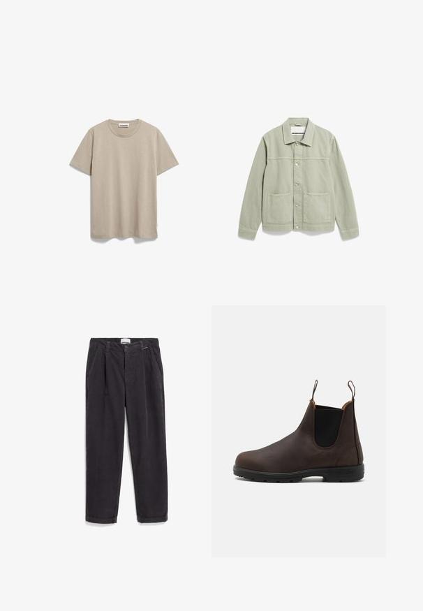 Light green cotton jacket with a button closure, two front pockets, and a classic collar. Features a simple, minimalistic design.; ARMEDANGELS JAAMEL STRUCTURE - Basic T-shirt - sand stone; Gray corduroy trousers with a straight leg design, featuring front pleats, side pockets, and a button closure at the waist.; Brown leather ankle boot with elastic side panels and loop tabs, featuring a textured surface and a durable black rubber sole.