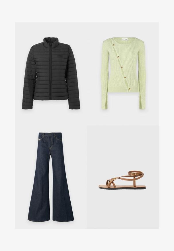 Black quilted jacket with long sleeves, stand-up collar, and front zipper closure, displayed on a plain light background.; Light green ribbed sweater with a round neckline, long sleeves, and a diagonal button closure featuring gold-toned buttons. Soft texture.; Dark blue flared jeans made of denim, featuring a high waist, gold stitching accents, and two front pockets with a button closure.; Brown leather sandal with thin strappy design, featuring a gold-tone buckle and flat black sole with zigzag edge.