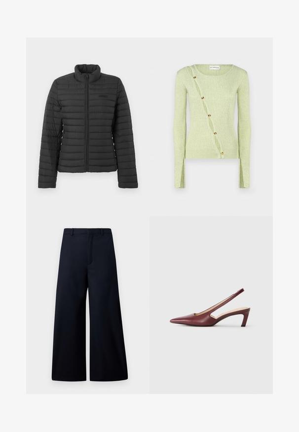 Schwarze gesteppte Jacke mit langen Ärmeln, Stehkragen und Frontreißverschluss, auf einem schlichten hellen Hintergrund präsentiert.; Hellgrüner geripptes Sweatshirt mit Rundhalsausschnitt, langen Ärmeln und diagonaler Knopfverschluss mit goldfarbenen Knöpfen. Weiche Textur.; Weite Hosen in dunklem Marineblau, aus einem glatten Stoff gefertigt. Mit einem flachen Taillenbund, einer vorderen Bügelfalte und ohne sichtbare Hardware oder Muster.; Burgunderfarbene Slingback-High Heels mit spitzer Zehenform, Ausschnitten an den Seiten und einem Blockabsatz in mittlerer Höhe. Glatte Lederoberfläche.