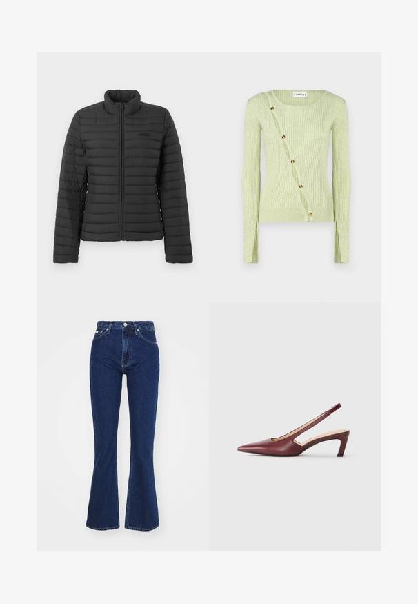 Chaqueta negra acolchada con mangas largas, cuello alto y cierre frontal de cremallera, exhibida sobre un fondo claro y liso.; Suéter acanalado verde claro con cuello redondo, mangas largas y un cierre diagonal con botones de tono dorado. Textura suave.; Jeans acampanados de color azul oscuro, fabricados en denim, con una cintura alta, cierre de cremallera y botón, y cinco bolsillos con un ligero efecto de desgastado.; Zapatos de tacón burgundy con parte trasera descubierta, punta afilada, detalles recortados en los laterales y tacón en bloque de altura media. Acabado en piel suave.