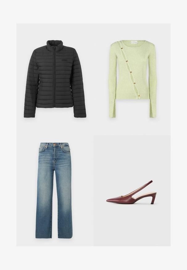 Chaqueta negra acolchada con mangas largas, cuello alto y cierre frontal de cremallera, exhibida sobre un fondo claro y liso.; Suéter acanalado verde claro con cuello redondo, mangas largas y un cierre diagonal con botones de tono dorado. Textura suave.; Vaqueros de pierna ancha de denim, con un lavado deslavado, diseño de cinco bolsillos, cierre de botón y pasadores para cinturón, con un ajuste recto y relajado.; Zapatos de tacón burgundy con parte trasera descubierta, punta afilada, detalles recortados en los laterales y tacón en bloque de altura media. Acabado en piel suave.