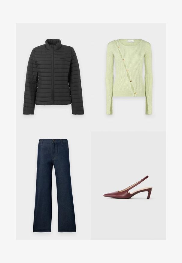 Svart quiltad jacka med långa ärmar, ståkrage och framfickslås, uppställd på en ljus enhetlig bakgrund.; Ljusgrön ribbad tröja med rund halsringning, långa ärmar och diagonal knäppning med guldtonade knappar. Mjukt tyg.; Mörkblå vida jeans i denim, med en klassisk femfickorsdesign, knäppning och subtila sömdetaljer.; Bordeaux färgade slingbackklackar med spetsig tå, utskärningar på sidan och en klack av medelhöjd. Slät läderfinish.