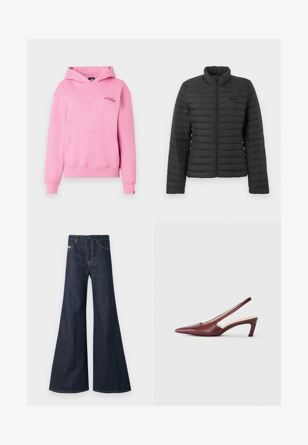 Jachetă neagră matlasată cu mâneci lungi, guler drept, și închidere cu fermoar frontală, expusă pe un fundal simplu deschis.; Hanorac roz dintr-un material moale, cu un buzunar frontal, manșete cu nervuri și un logo brodat în partea stângă a pieptului.; Jeans negri închis, evazați, din denim, având talie înaltă, accente din fir auriu și două buzunare frontale cu închidere prin buton.; Sandale cu toc mediu, de culoare Burgundy, cu vârf ascuțit, detalii decupate pe lateral și toc bloc. Finisaj din piele netedă.
