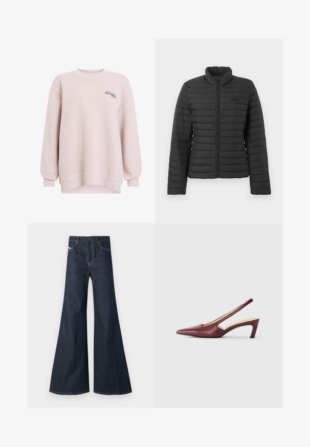 Black quilted jacket with long sleeves, stand-up collar, and front zipper closure, displayed on a plain light background.; Light pink sweatshirt made of soft fabric. Features a crew neck, long sleeves, and logo detailing on the left chest. Relaxed fit.; Dark blue flared jeans made of denim, featuring a high waist, gold stitching accents, and two front pockets with a button closure.; Burgundy slingback heels with a pointed toe, cutout details on the side, and a mid-height block heel. Smooth leather finish.