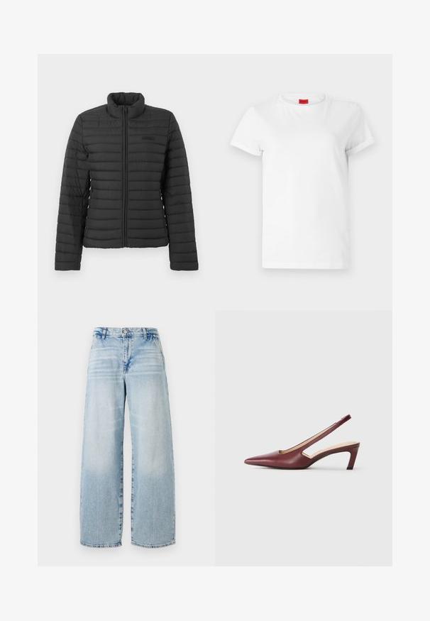 Mustmustriitega must jakk pikkade varrukatega, kõrge krae ja eesmine tõmblukk, esitatud tasasel heledal taustal.; Valge lühikeste varrukatega T-särk, mis on valmistatud kergest puuvillast. Omab ümmargust kaelust ja rullitud varrukaid. Kaelusel on punane logo sildike.; Heledad sinise denimi laiad püksid kõrge vöökoht, peene kulumistunne, tooriku serv ja klassikaline viie-tasku disain.; Burgundy slingback kontsad, millepunktse varbaga, külgedel lõike üksikasjadega ja kesk kõrgusega plokknina. Sile nahkviimistlus.