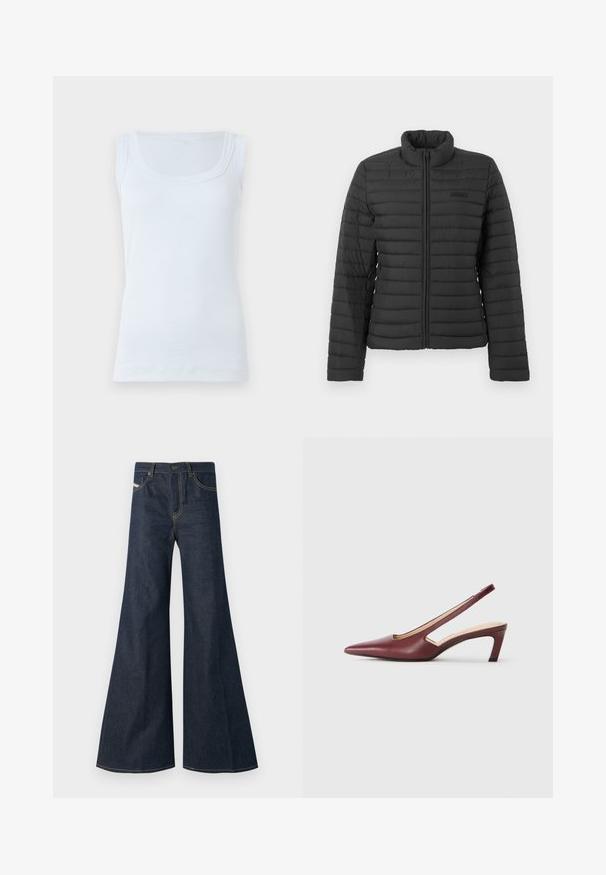 Black quilted jacket with long sleeves, stand-up collar, and front zipper closure, displayed on a plain light background.; White sleeveless tank top with a rounded neckline and fitted design, made from soft, stretchy material. Smooth texture, no patterns or accents.; Dark blue flared jeans made of denim, featuring a high waist, gold stitching accents, and two front pockets with a button closure.; Burgundy slingback heels with a pointed toe, cutout details on the side, and a mid-height block heel. Smooth leather finish.
