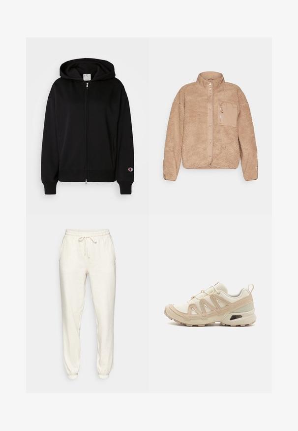 Bežová fleecová bunda s vysokým golierom, so zipsom na prednej strane a zapínaním na cvoky. Textúrovaný povrch s jemným povrchovým spracovaním.; Champion ICONS FULL ZIP HOODIE LOGO - Mikina so zipsom - black; Čierny crop-top s priliehavým, elastickým materiálom, širokými ramienkami a štvorcovým výstrihom s minimálnymi švami.; Svetlé béžové teplákové nohavice vyrobené z mäkkej tkaniny, s elastickým pásom a šnúrkou, bočnými vreckami a zúženými členkami.; Beige a krémová športová obuv s textúrovaným sieťovým zvrškom, podporujúcimi prekrytiami a gumovou podrážkou s dezénom pre trakciu.