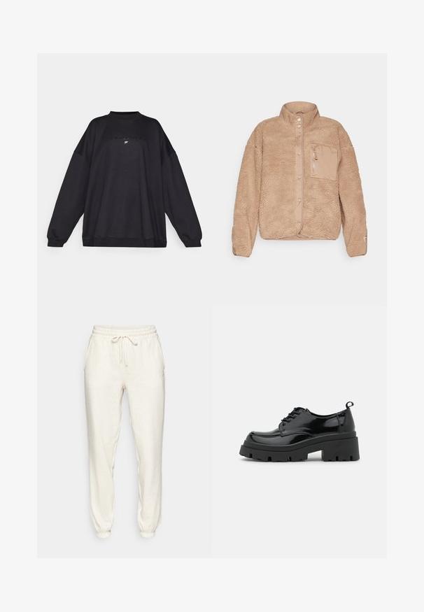 Béžová fleecová bunda s vysokým límcem, vybavená předním zipovým kapsou a zapínáním na cvoky. Texturovaný povrch s jemným zakončením.; Černá oversize mikina vyrobená z měkké tkaniny, s vysokým límcem a náplety na rukávech. Na přední straně se nachází vystouplé logo "Fabletics".; Černá sportovní podprsenka s širokými ramínky, designem do V, strukturovanou tkaninou a detailem loga na lemu. Hladký povrch, minimalistický styl.; Světlé béžové tepláky vyrobené z měkké látky, s elastickým pasem na šňůrku, bočními kapsami a manžetami na kotnících.; Černé lakované kožené boty s robustní platformou a silnými tkaničkami. Zakulacená špička, minimální detaily a malý pásek na patě.