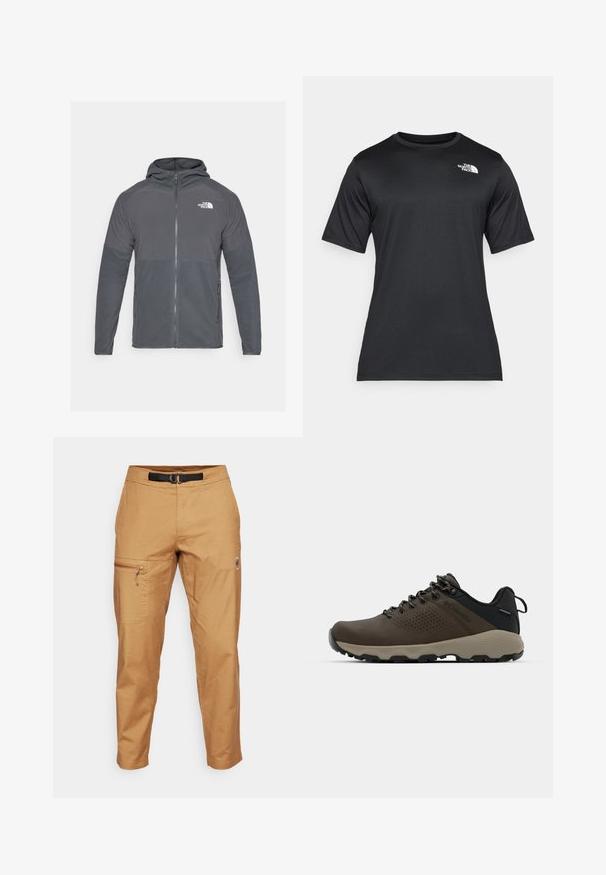 Grå fleecejakke med glidelås foran, hette og kontrastfargede teksturerte paneler. Har The North Face-logoen på øvre venstre side.; Svart t-skjorte med korte ermer laget av lett, fukttransporterende stoff. Har en hvit logo på venstre bryst og rund hals.; Lys brun cargo bukser med tapered fit, med en glidelås-lomme på siden og et svart belte. Laget av et teksturert stoff.; Brune vanntette joggesko med teksturert overdel, perforerte detaljer, svart hæl støtte og en grå gummisåle. Snøring er stilisert med metalliske ender.