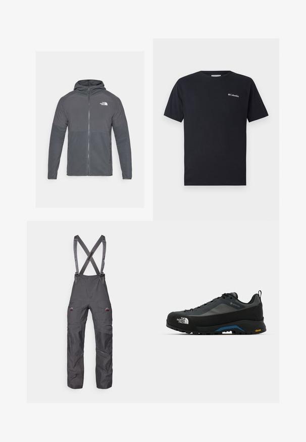 Hall gris fleecest jakiga, millel on lukuga esi, kapuuts ja kontrastsetest tekstuuripadjakestest detailid. Omab The North Face'i logo vasakul ülanurgas.; Must muströöpide t-särk, mis on valmistatud puuvillast, ning mille vasakul rinnal on väike valge Columbia logo. Klassikaline ümar kaelus ja lõdvestunud lõige.; Hallide isoleeritud ülikond, millel on reguleeritavad rihmad, mitmed taskud ja tugevdatud põlved, mis on valmistatud siledast ja vastupidavast kangast.; The North Face VERTO ALPINE GORE TEX - Matkajalatsid - asphalt grey/tnf black