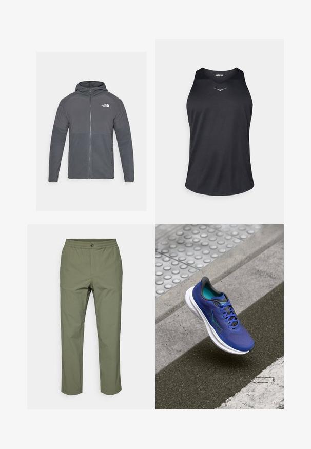 Hall gris fleecest jakiga, millel on lukuga esi, kapuuts ja kontrastsetest tekstuuripadjakestest detailid. Omab The North Face'i logo vasakul ülanurgas.; Must have mustamata asetoon tipp puur valmistatud hingavast kangast, millel on ümara kaeluse ja peegeldav logo aktsent rinnal.; Oliivroheline pükste, mis on valmistatud kerge kangaga, millel on elastne vöökoht, nööbiga sulgemine ja sirge sääre lõige, ilma nähtavate mustriteta.; Sinine jooksutoss, millel on tekstuuriga pealne ja võrkkangast detail, valge vahetald ja mustad aksessuaarid. Sidumisseade koos silmapaistva logoga.
