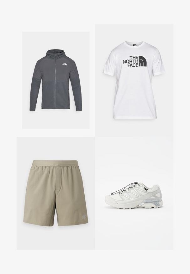 Chaqueta de forro polar gris con cremallera frontal, capucha y paneles texturizados en contraste. Presenta el logo de The North Face en la parte superior izquierda.; Camiseta de algodón blanca con estampado gráfico negro que incluye texto y un diseño de logotipo curvado. Cuello redondo y mangas cortas. Textura lisa.; Pantalones cortos deportivos beige con cintura elástica, un bolsillo frontal y un logo en el lado inferior derecho. Tela suave y ligera.; Zapatilla deportiva blanca con una parte superior de malla texturizada, acentos reflectantes y una suela acolchada. Presenta cordones elásticos y detalles grises.
