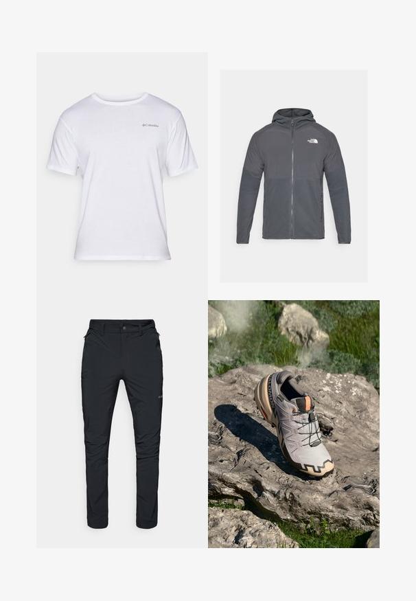 Hall gris fleecest jakiga, millel on lukuga esi, kapuuts ja kontrastsetest tekstuuripadjakestest detailid. Omab The North Face'i logo vasakul ülanurgas.; Valge puuvillane T-särk, millel on ümmargune kaelus ja lühikesed varrukad, vasakul rinnal on väike hall Columbia logo.; Mustad mustad välitaskud, sirge lõikega, tõmblukkudega taskud, vöödeljed ja kerge, vastupidav kangas.; Helehallid hallid jooksujalatsid beežide aktsentidega, tekstureeritud pealis, mustad paelad ja väljendunud tugi talla all. Omab brändi logo.