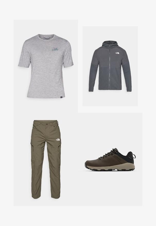Siva flis jakna z zadrgo spredaj, kapuco in kontrastnimi teksturiranimi paneli. Na zgornji levi strani se nahaja logotip The North Face.; Siva majica s kratkimi rokavi, izdelana iz mehkega, lahkega materiala. Na zgornjem levem delu prsnega koša ima majhno, večbarvno logo.; Olivno zeleni outdoor hlače iz lahkega materiala, z večjimi žepi, dodatki z zadrgo in logotipom na zgornji stegn.; Rjave vodoodporne superge z teksturiranim zgornjim delom, perforiranimi detajli, črno podporo za peto in sivo gumijasto podlogo. Šnure imajo metalne konice.