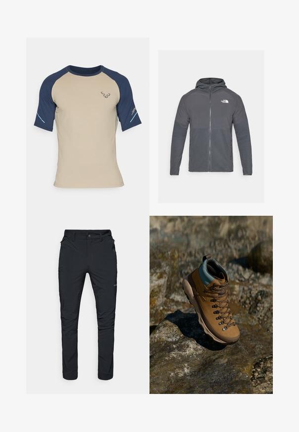 Gray fleece jacket with a zippered front, hood, and contrasting textured panels. Features The North Face logo on the upper left side.; Dynafit ALPINE PRO TEE - Sports T-shirt - rock khaki; Black outdoor trousers with a straight fit, featuring zip pockets, belt loops, and a lightweight, durable fabric texture.; Brown hiking boot with a synthetic upper, light blue collar, metal eyelets, and textured rubber sole. Designed for outdoor activities.