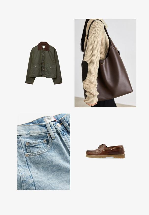 Oliivinvihreä lyhyt takki, jossa on ruskea samettikaulus ja -hihansuut, etuosan nepparit sekä kaksi suurta etutaskua läpillä.; Valkoinen puuvillapaita, jossa on suuri punainen ja laivastonsininen graafinen printti hevosesta ja tekstistä "LEVI'S THE ORIGINAL" lihavoiduilla kirjaimilla.; Vaaleansiniset farkut keskikorkealla vyötäröllä, joissa on etutasku, kontrastiväriset ompeleet ja metalliset yksityiskohdat. Kangas on hienovaraisesti teksturoitu.; Ruskea nahkainen veneen kenkä, jossa on matala leikattu malli, nauhakiinnitys, metalliset reiät ja teksturoitu kumipohja, ja etuosassa on ommeltu sauma.; Ruskea nahkainen kassi, jossa on tilava muotoilu. Ominaisuuksina sileä pinta ja hienovarainen kultainen logo. Yhdistetty kermaiseen neulepuseroon.