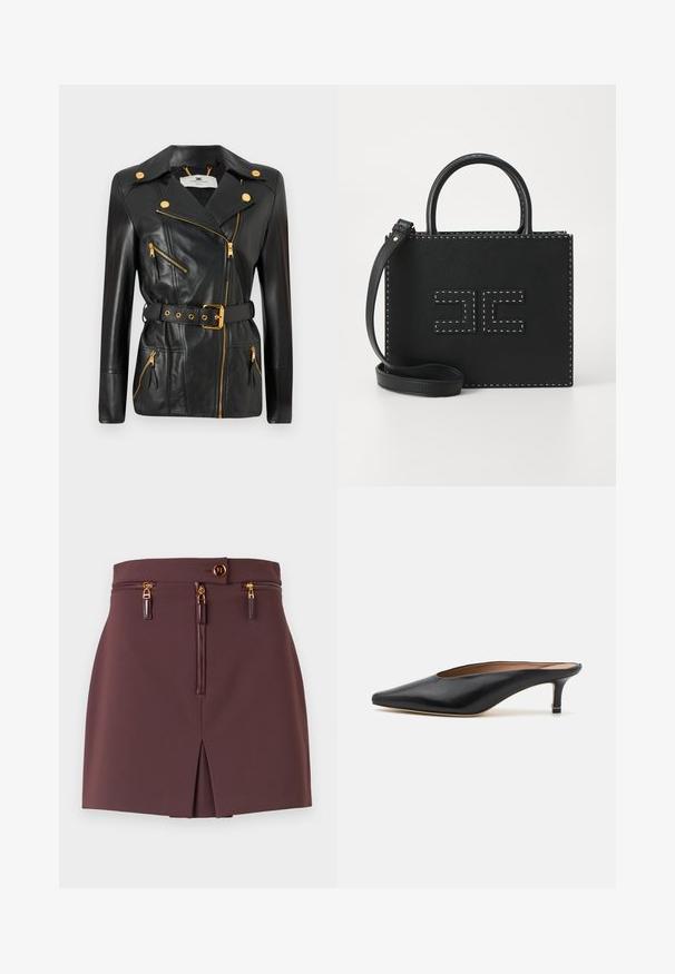 Black leather jacket with a belted waist, gold hardware, asymmetrical zipper design, and four zippered pockets. Smooth texture.; Black turtleneck sweater featuring long sleeves, ribbed texture, lightweight knit material, and a fitted silhouette. No visible logos or patterns.; Burgundy mini skirt with a slim fit, featuring a front zip, decorative zippers, a slit, and a button closure with gold accents.; Black leather mules with a pointed toe and low, block heel. Smooth texture with a sleek design. Open back with minimal detailing.; Elisabetta Franchi WOMEN'S BAG - Handbag - nero