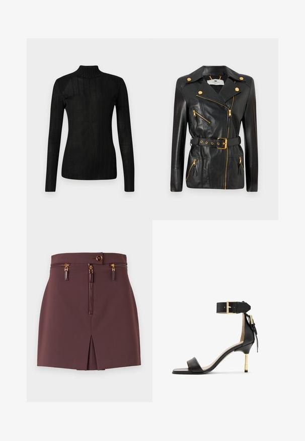 Zwarte leren jas met een ceintuurlijn, gouden hardware, asymmetrisch ritsontwerp en vier ritszakken. Soepele textuur.; Zwarte coltrui met lange mouwen, geribbelde textuur, lichtgewicht breimateriaal en een getailleerde pasvorm. Geen zichtbare logo's of patronen.; Bordeaux mini-jurk met een slim fit, voorzien van een rits aan de voorkant, decoratieve ritsen, een split en een knoopsluiting met gouden accenten.; Zwarte leren sandalen met hak en vierkante neus, enkelband met een gouden gesp en een slanke metalen hak. Soepele textuur, minimalistisch ontwerp.