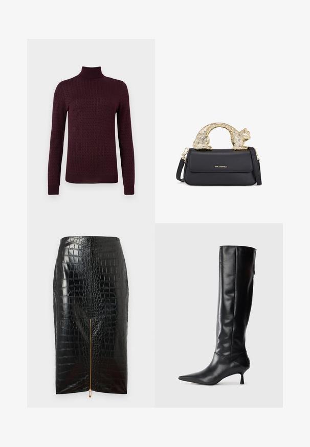 Juodas odinis švarkas su dirželiu juosmenyje, auksiniais priedais, asimetrišku užtrauktuko dizainu ir keturiais užtrauktukais uždaromais kišenėmis. Lygi tekstūra.; Bordo spalvos golfo megztinis su tekstūriniu raštu, ilgomis rankovėmis ir prigludusiais manžetais. Pagamintas iš minkštos ir elastingos medžiagos.; Juodas dirbtinės odos pieštuko sijonas su krokodilo tekstūra, įcentrinė auksinė užtrauktukas ir glotnus paviršius.; Juodai odiniai iki kelių batai su smailiu pirštu ir plonu lenktu kulnu. Lygus paviršius, prigludęs dizainas ir be matomų detalijų ar raštų.; Juodas odinis rankinukas su auksine katės formos rankena, turintis priekinę atvartą, reguliuojamą diržą ir logotipo detalę apatiniame priekyje.
