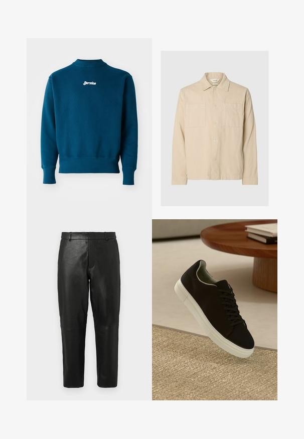 Bež jopič iz korduraja z dolgimi rokavi, dvema žepoma na prsih, gumbom spredaj in klasičnim ovratnikom na svetlo sivi podlagi.; Teal pulover s ribastimi manšeti in robom, ki na zgornjem delu hrbta nosi bel vezen "Service" logotip. Mehka tekstura in krojen ovratnik.; Črne usnjene hlače ravnega kroja z zanko za pas in stranskimi žepi, prikazane proti običajni svetli ozadju.; Črni športni copat z belim podplatom lebdi nad bež teksturiranim preprogam blizu okroglega lesenega mize z zloženimi knjigami.