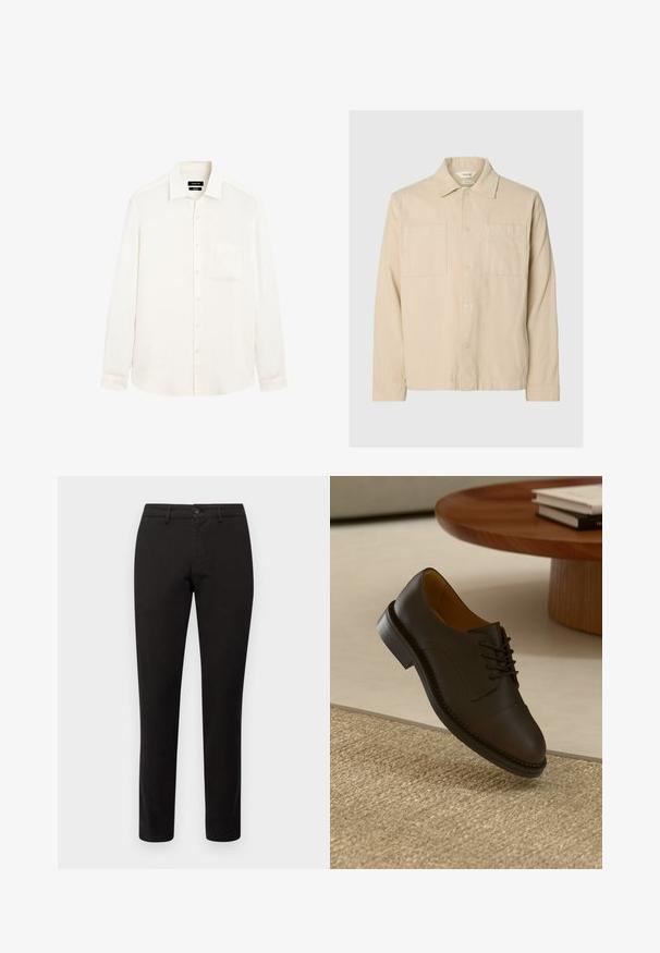 Giacca camicia in corduroy beige con maniche lunghe, due tasche sul petto, chiusura a bottoni e colletto classico su sfondo grigio chiaro.; Camicia a maniche lunghe di colore crema realizzata in lino leggero, con colletto button-down e una tasca sul petto. Presenta una vestibilità rilassata.; Chino neri con vestibilità slim, realizzati in tessuto misto cotone. Presentano una chiusura frontale con bottone e cinque tasche. Texture liscia, dettagli minimali.; Scarpa da uomo in pelle marrone con un upper testurizzato, design a lacci, cuciture a contrasto e suola in gomma resistente, sospesa sopra un tappeto intrecciato.