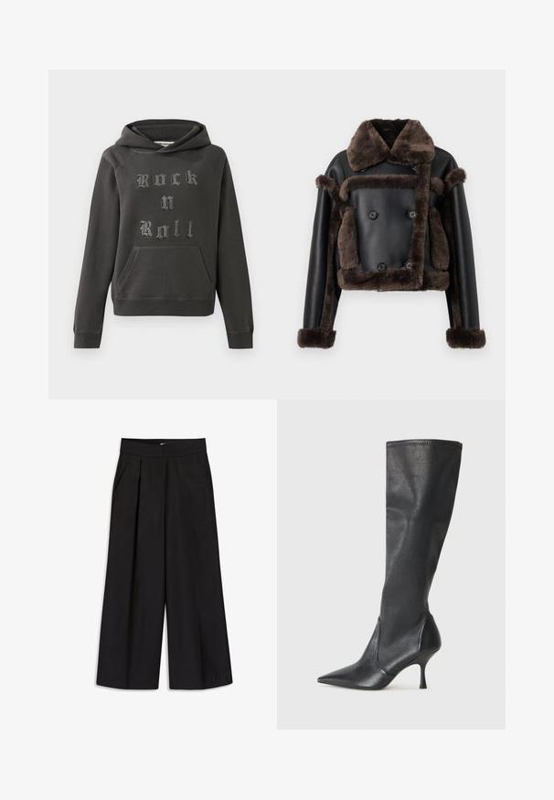 Veste en simili cuir noir avec des garnitures en fausse fourrure brun foncé sur le col, les poignets, l'avant et les poches, présentant un design à double boutonnage.; Hoodie gris foncé en matériau doux, avec une poche kangourou à l'avant et orné de "Rock n Roll" en lettres argentées texturées.; Pantalons larges noirs avec plis, passants de ceinture et poches latérales. Tissu lisse avec une finition soignée. Pas de quincaillerie ou de motifs visibles.; Bottes en cuir noir arrivant jusqu'aux genoux avec un bout pointu et un talon aiguille fin. Texture lisse avec un design ajusté et des coutures au bord supérieur.