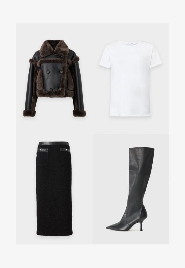 Črna umetna usnjena jakna z temno rjavim ovitkom iz jagnječje kože na ovratniku, manšetah, sprednjem delu in žepih, z dvorednim gumbom.; Bela kratka majica s kratkimi rokavi iz bombaža z obliko okroglega izreza. Gladka struktura in raven kroj, brez vzorcev ali dodatkov.; Črna svinčnik krilo, izdelano iz teksturiranega materiala, s gladkim črnim pasom, dvema zadnjima žepoma s srebrnimi dodatki.; Črne usnjene škornje do kolen s koničastim nosom in ozkim stiletto peto. Gladka tekstura z oblikovanim dizajnom in šivi na zgornjem robu.