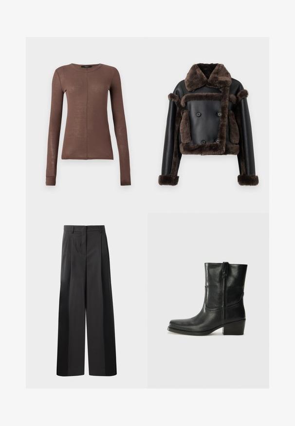 Chaqueta de cuero sintético negra con borde de borreguito marrón oscuro en el cuello, puños, parte frontal y bolsillos, con un diseño de botones de doble botonadura.; Top marrón de manga larga hecho de una tela ligera y suave. Presenta un escote redondo y un sutil detalle de costura en la parte frontal.; Pantalones de pierna ancha negros con cintura alta, que presentan pliegues en la parte delantera, una textura suave y un acabado a medida. Diseñados para un ajuste relajado.; Botín negro de cuero hasta el tobillo con punta redondeada, tacón cuadrado, cremallera lateral y detalles de costura en el empeine. Textura suave, diseño clásico.
