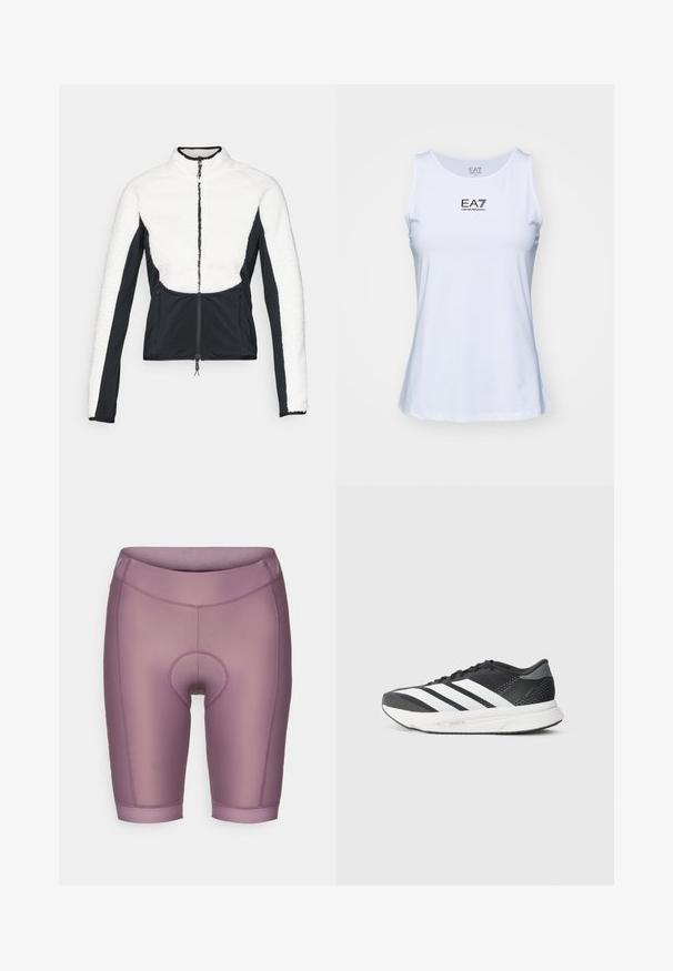 Polarowa i softshellowa kurtka z białą górą, czarnymi rękawami, zamkiem z przodu oraz fakturowanymi akcentami na ramionach i bokach.; Biała bezrękawnikowa bluzka wykonana z gładkiego materiału, z czarnym logo nadrukowanym z przodu i zaokrąglonym dekoltem.; Jasnofioletowe spodenki rowerowe wykonane z gładkiego, rozciągliwego materiału; posiadają wkładkę amortyzującą oraz szeroką talię; długość do kolan z płaskimi szwami.; Czarna sportowa buty z białymi paskami, siateczkowa cholewka, amortyzowana podeszwa i smukły design. Akcenty szarości na pięcie i języku.