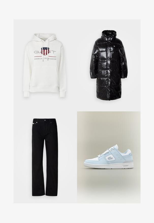 Zwarte pufferjack met glanzende buitenkant, capuchon en voorzakken. Bevat een gequilte uitstraling en een logo-opdruk op de linkerbovenborst.; Witte katoenen hoodie met een voorste kangoeroezak, verstelbare koordjes en een grafische logo in rood, blauw en grijs.; Zwarte denim rechte broek met vijf zakken, zilveren klinknagels en een knoopsluiting. De stof heeft een gladde, licht gestructureerde afwerking.; Lichtblauwe leren sneaker met witte accenten, ronde neus, getextureerd paneel aan de zijkant en een grijze hiel. Voorzien van een klassiek vetersluiting ontwerp.