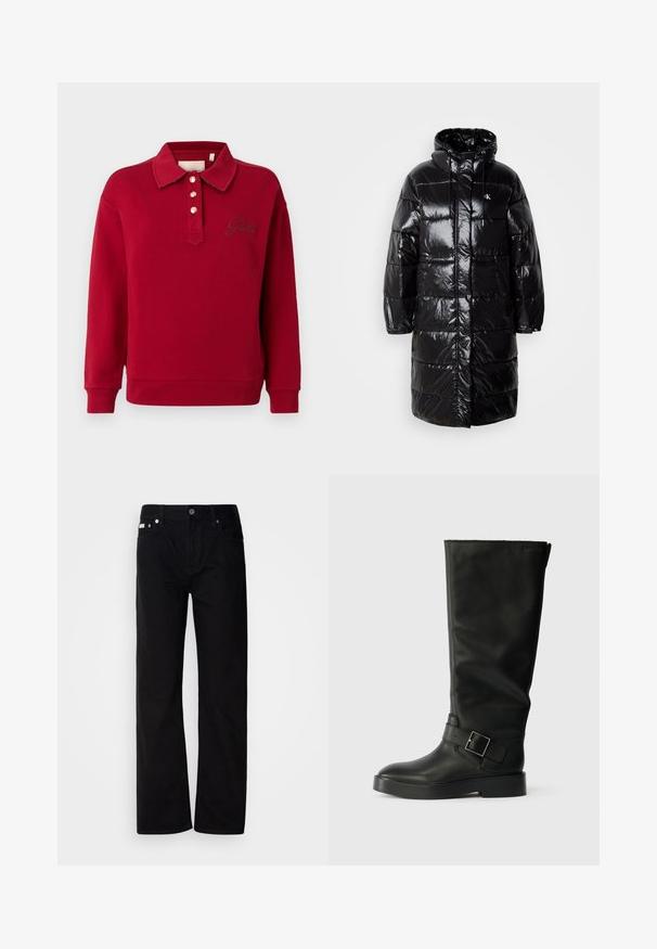 Musta puhvima coat, jossa on kiiltävä pinta, huppu ja etutaskut. Varustettu tikattulla muotoilulla ja logopatchilla vasemmassa rinnan yläosassa.; Punainen huppari, jossa on polo-kaulus, kolme kultapainiketta ja brodattu logo. Pitkät hihat ja ribbaatut hihansuut. Pehmeä puuvillasekoitteinen kangas.; Mustat farkkusuorat housut, joissa on viisi taskua, hopeiset niitit ja nappisuljenta. Kangas on sileä, hieman teksturoitu pinta.; Mustan, sileän nahkan polven yli yltävät saappaat, joissa on pyöristetty kärki, paksu pohja ja vaakasuora hihna suorakulmion muotoisella soljella.