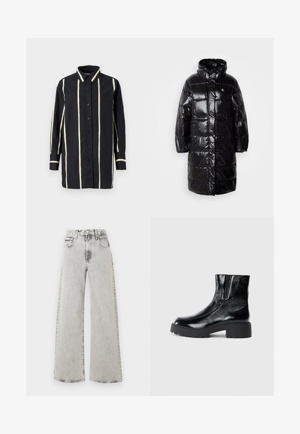Giacca a vento nera con esterno lucido, cappuccio e tasche frontali. Presenta un design trapuntato e un'etichetta con logo sul lato sinistro del petto.; Maglietta nera a maniche lunghe con strisce verticali beige, chiusura anteriore con bottoni, colletto classico e polsini e orlo del colletto a contrasto.; Jeans a gamba larga in denim grigio chiaro, con lavaggio sbiadito, tasche frontali e chiusura con bottoni. Il design è rilassato e ampio.; Stivali neri alla caviglia con una finitura in pelle laccata lucida, suola in gomma nera spessa e tacco rialzato; include un discreto dettaglio del logo sul lato.