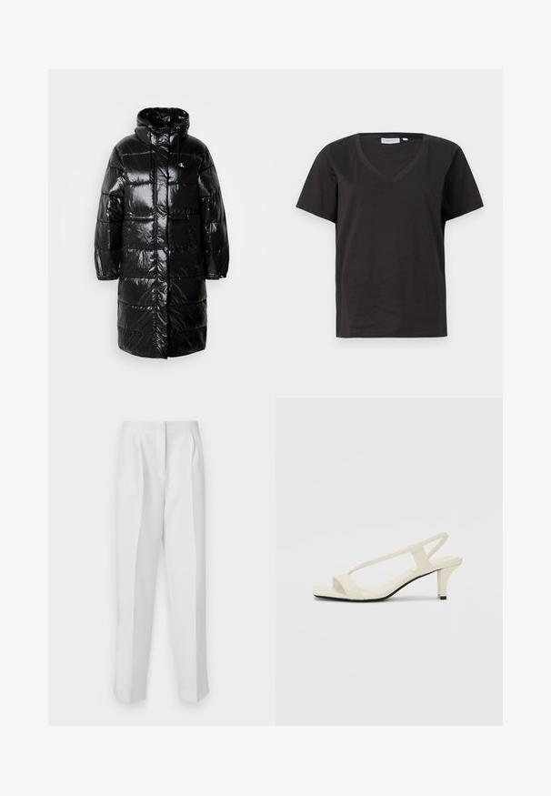 Zwarte pufferjack met glanzende buitenkant, capuchon en voorzakken. Bevat een gequilte uitstraling en een logo-opdruk op de linkerbovenborst.; Zwarte katoenen T-shirt met een V-hals en korte mouwen. Eenvoudig ontwerp met een regular fit en zonder patronen of accenten.; Witte op maat gemaakte broeken met een rechte pasvorm, voorzien van voorplooien, twee zijzakken en een schone tailleband voor een nette uitstraling.; Beige blockhak sandalen met dunne bandjes en een vierkante neus. Glad materiaal met minimale details, ontworpen voor eenvoudig dragen.