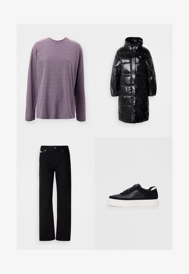 Melns pūkains mētelis ar spīdīgu virsmu, kapuci un priekšējām kabatām. Iekļauj izšūtu dizainu un logotipa uzšuvi kreisajā augšējā krūtī.; Garais piedurkņu krekls ar violetām svītrām un apaļu kaklu. Iezīmes horizontālas svītras un brīvu piegriezumu ar sānu šķēlumiem apakšmalā.; Melnas denima taisnas kājas bikses ar pieciem kabatām, sudraba kniedēm un pogu aizdari. Audumam ir gluda, nedaudz teksturēta virsma.; Melnas sporta kurpes ar gludu ādu un zamša paneļiem, plakaniem šņorēm, noapaļotu pirkstu daļu un baltu gumijas zolīti. Izteikts logo uz papēža.