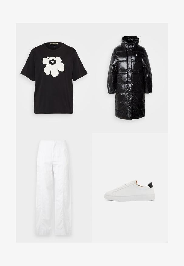 Casaco puffer preto com exterior brilhante, capuz e bolsos frontais. Apresenta um design acolchoado e um emblema no lado superior esquerdo do peito.; T-shirt de algodão preto com um grande design floral branco na frente, mangas curtas e um corte descontraído. Etiqueta exibida na gola.; Calças brancas de perna larga feitas de um tecido leve, com uma textura suave, linhas limpas e um design de cintura alta.; Sapatilha de couro branca com bico redondo, sola plana e costura tonal. Apresenta um puxador preto no calcanhar e um fecho de atacadores simples.