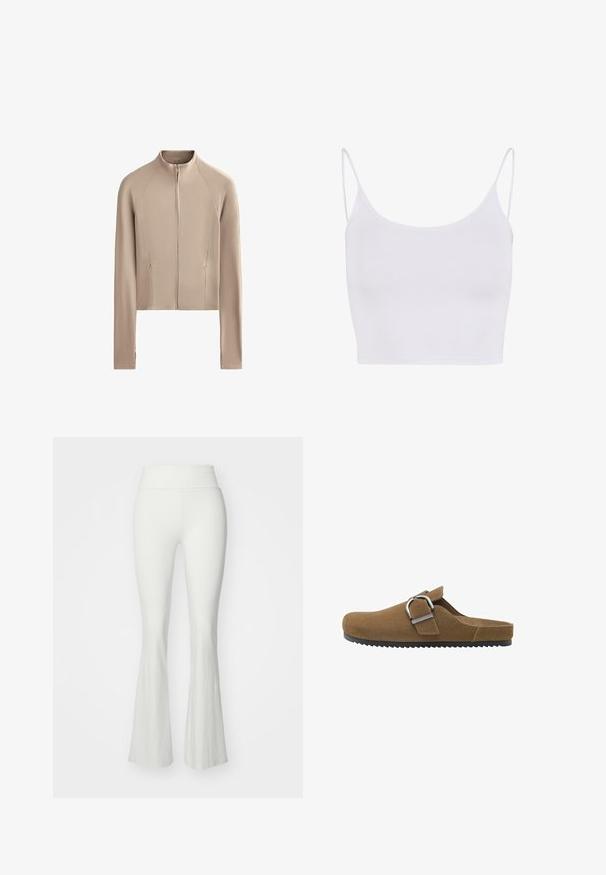 Skraćena bež jakna dugih rukava, rebraste teksture duž ramena, s prednjim patentnim zatvaračem. Ima bočne džepove za praktičnost.; Bijela majica s tankim podesivim naramenicama, prilagođenog kroja i glatke, rastezljive teksture bez uzoraka ili ukrasa.; Bijele široke hlače s visokim strukom, izrađene od glatkog, rastezljivog materijala. Imaju prilagođeni kroj koji se širi prema donjem dijelu noge.; Smeđe nubuk klompe s širokim remenom i srebrnom metalnom kopčom, s teksturiranom potplatom i otvorenim stražnjim dizajnom.