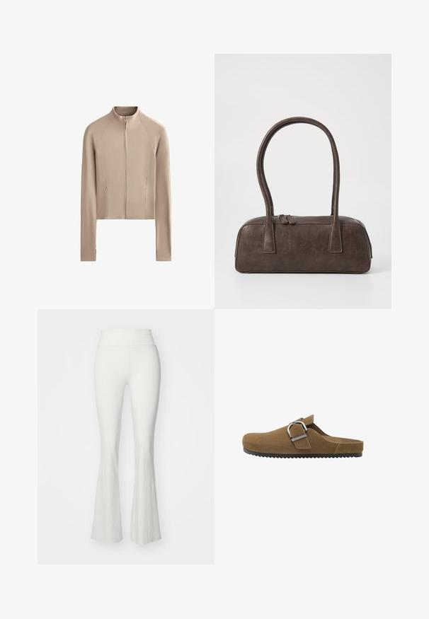 Strečová béžová bunda s dlhými rukávmi, s rebrovanou textúrou na pleciach a predným zipsom. Obsahuje bočné vrecká pre väčšiu funkčnosť.; Biela košieľka na ramienka s tenkými nastaviteľnými ramienkami, priliehavý strih a hladká, elastická textúra bez vzorov alebo ozdôb.; Biele rozšírené nohavice s vysokým pásom, vyrobené z hladkého, elastického materiálu. Majú priliehavý strih, ktorý sa na dolnej nohe rozširuje.; Hnedé semišové klump s širokým pásikom a striebornou kovovou prackou, so štruktúrovanou podrážkou a otvoreným dizajnom na zadnej strane.; Hnedá kožená kabelka s dvoma pevným uchami, obdĺžnikovým tvarom, hladkým povrchom a zipsovým uzáverom. Minimalistický dizajn bez viditeľných vzorov.