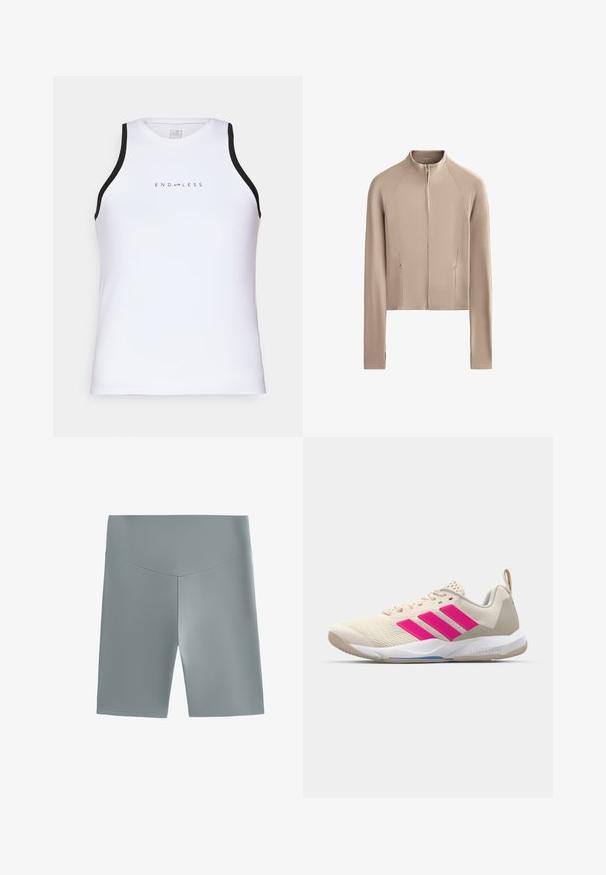 Jachetă bej scurtă cu mâneci lungi, textură canalată pe umeri și fermoar frontal. Include buzunare laterale pentru funcționalitate.; Endless ESSENTIAL - Top - white; Shorts atletici gri deschis, confecționați dintr-un material neted și elastic, având un talie înaltă și un design ajustat, cu detalii de cusătură simple.; Pantof de sport bej cu logo în trei dungi roz, superior din plasă texturată, guler căptușit și talpă din cauciuc alb, având marca "LIGHTSTRIKE".
